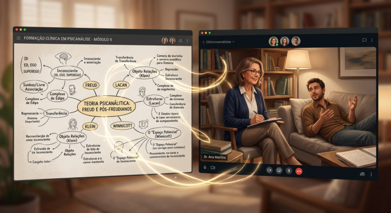 Sala de aula virtual de psicanálise clínica com mapa mental e sessão de análise, simbolizando conexões lentas do inconsciente.