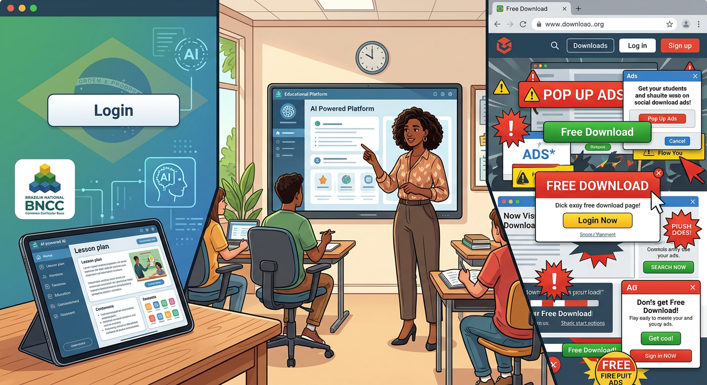 Ilustração de professora brasileira usando ferramentas de IA para educação, mostrando um portal de login oficial à esquerda e um site de download gratuito suspeito à direita.
