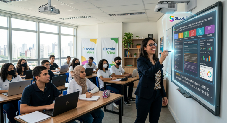 Teacher using Skooly AI platform to generate lesson plans in a contemporary classroom