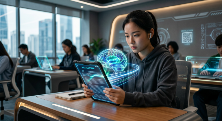 Estudante lendo rapidamente com sobreposição de cérebro neural e linhas de velocidade, simbolizando a técnica Metaleitura.