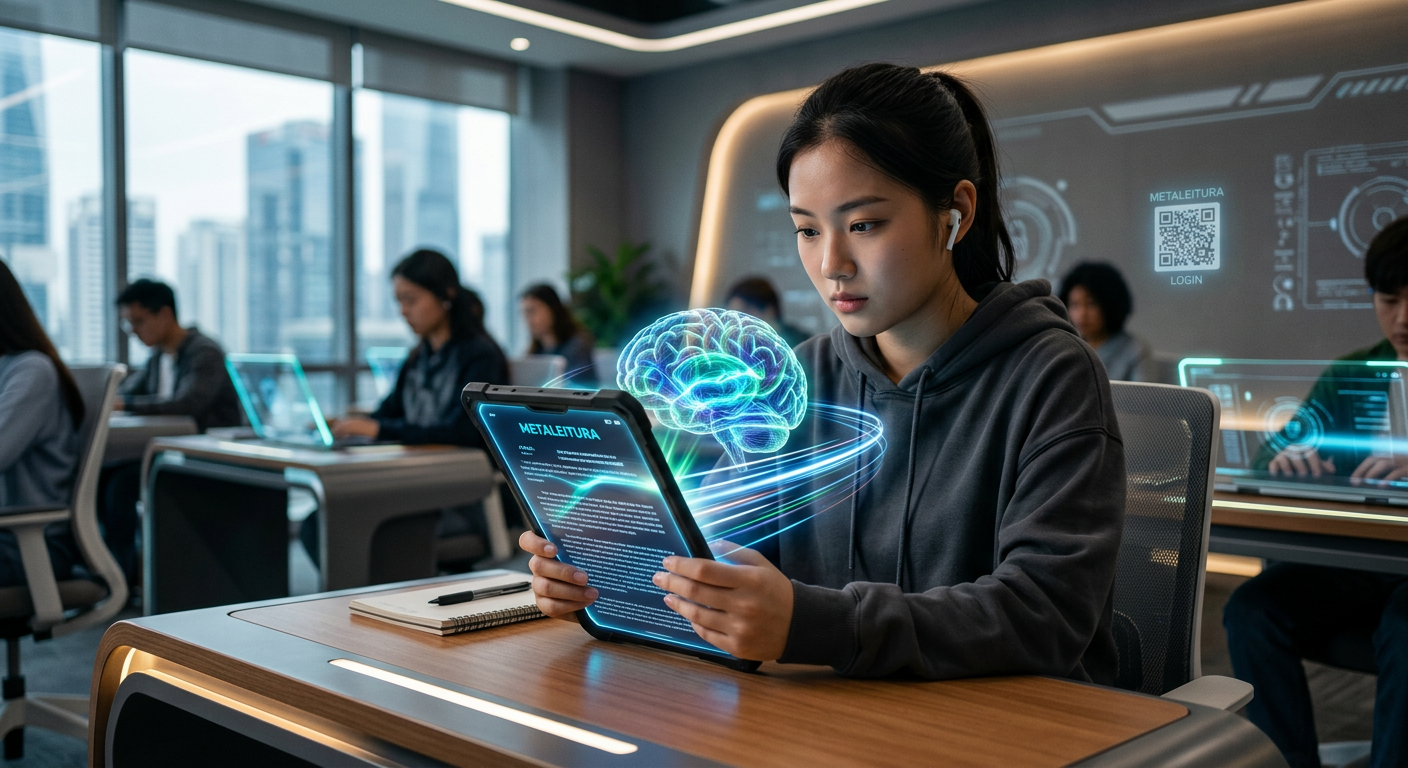 Estudante lendo rapidamente com sobreposição de cérebro neural e linhas de velocidade, simbolizando a técnica Metaleitura.