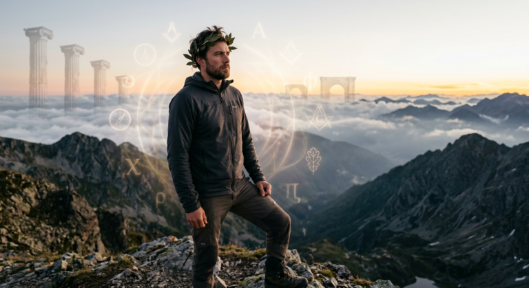 Stoic male standing on a mountain peak with Roman empire motifs, symbolizing masculinity and personal sovereignty.