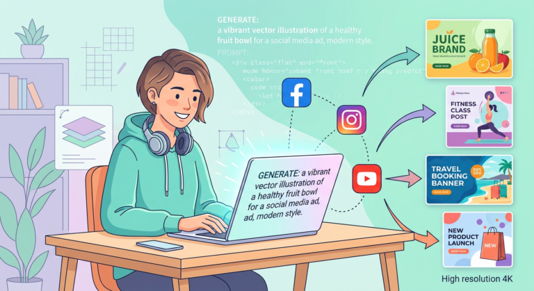 Illustration of a beginner using AI to create commercial artwork quickly