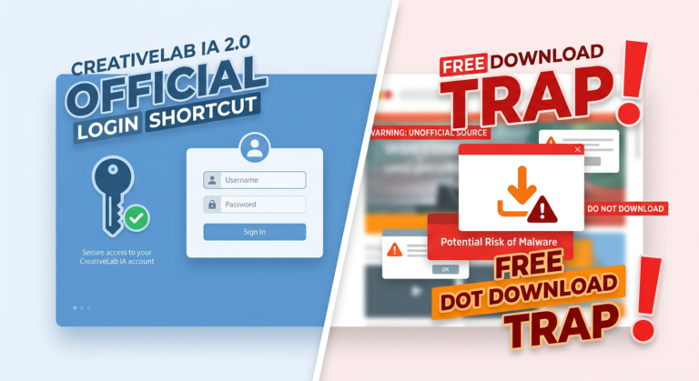 Ilustração comparativa entre o atalho de login oficial e a armadilha do download gratuito do CreativeLab IA 2.0