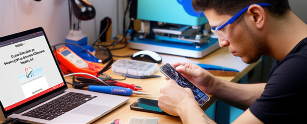 Técnico reparando smartphone em bancada com ferramentas de micro‑soldagem e equipamento de troca de vidro OCA/UV