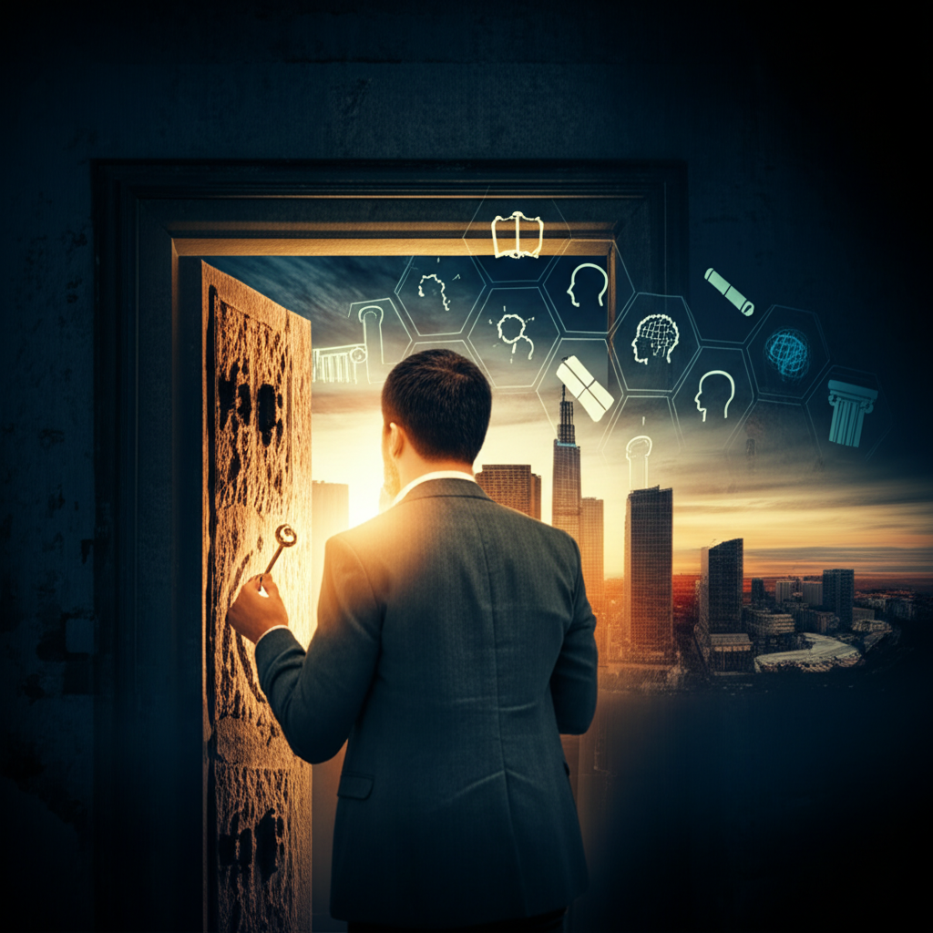 Titio Bernardo segurando uma chave luminosa diante de uma porta antiga, simbolizando o Código da Coragem e a abertura de novas oportunidades.