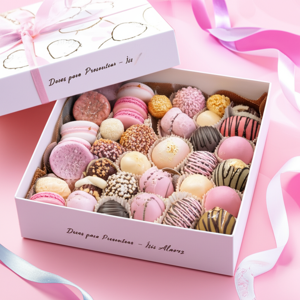 Caixa de presente aberta com doces gourmet sofisticados, como macarons, trufas e mini cupcakes, decorados com detalhes dourados e fitas pastel.
