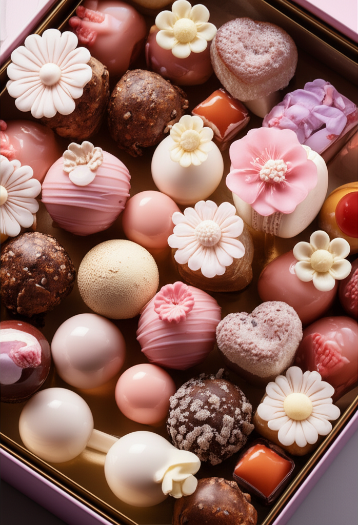 Assortment of sophisticated handcrafted sweets by Ísis Alvarez, displayed in elegant pastel pink and gold gift packaging.