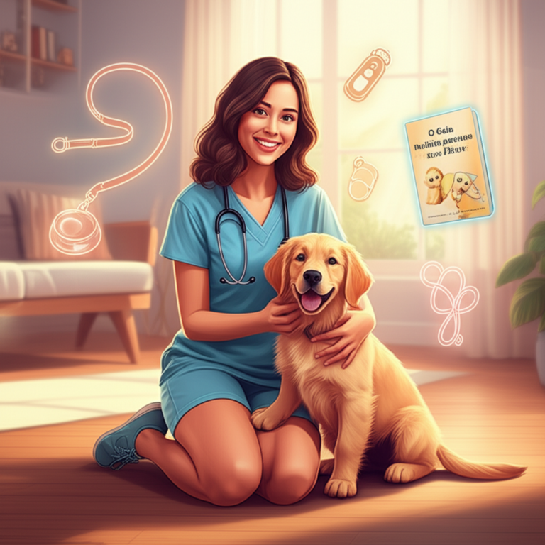 Marina Volanski ensinando um filhote de cachorro em um ambiente doméstico, com símbolos de adestramento e alimentação ao redor.