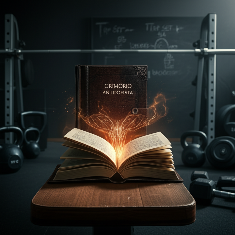 Capa aberta do Grimório Antifofista com símbolos de musculação e iluminação dramática