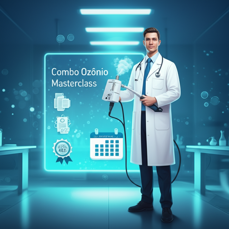 Profissional de saúde segurando gerador de ozônio em laboratório futurista, com tela holográfica exibindo "Combo Ozônio Masterclass" e selo de certificação MEC 120h.