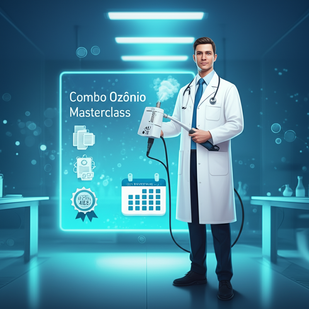 Profissional de saúde segurando gerador de ozônio em laboratório futurista, com tela holográfica exibindo "Combo Ozônio Masterclass" e selo de certificação MEC 120h.