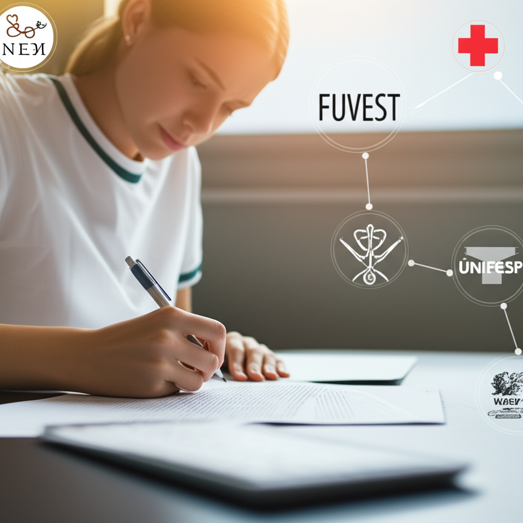 Estudante escrevendo redação para medicina, com símbolos de ENEM, Fuvest, Vunesp, Unifesp e ícones médicos ao fundo.