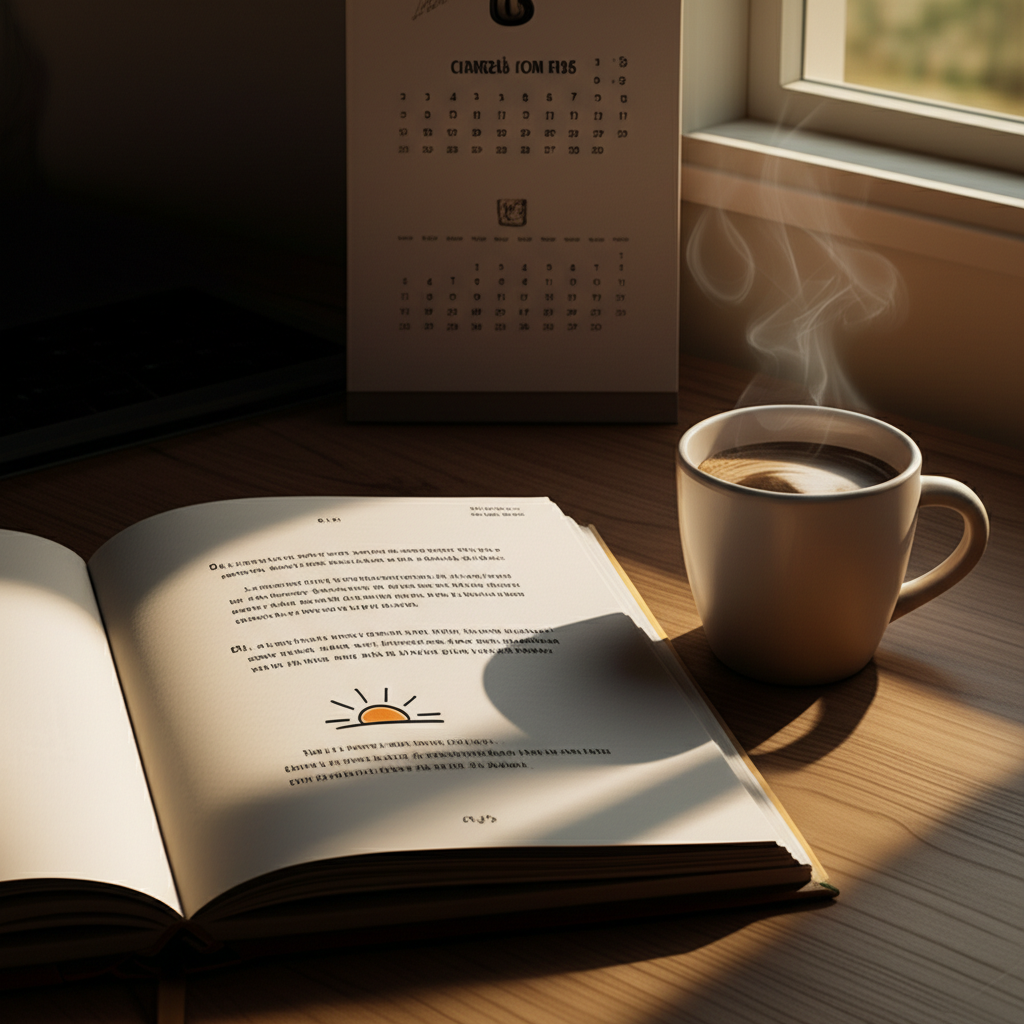 Livro físico "365 dias de conexão com Deus" aberto ao lado de uma xícara de café, iluminado por luz suave de manhã, simbolizando um momento de devoção diária.