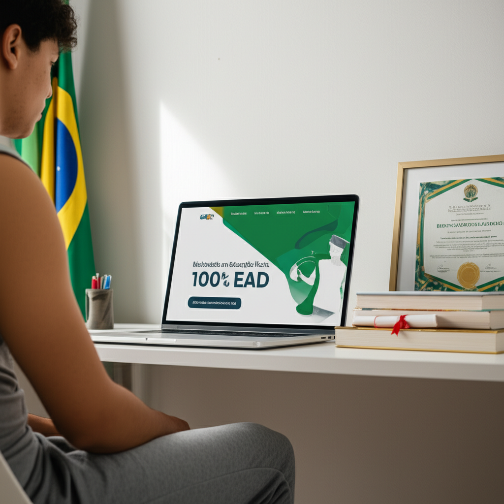 Jovem em roupa esportiva estudando Bacharelado em Educação Física 100% EAD em laptop, com diploma ao fundo.