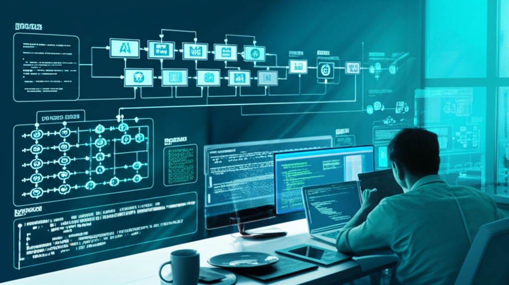 Ilustração de desenvolvedor construindo sistemas de IA integrados com LLMs, RAG, agentes autônomos e workflows.