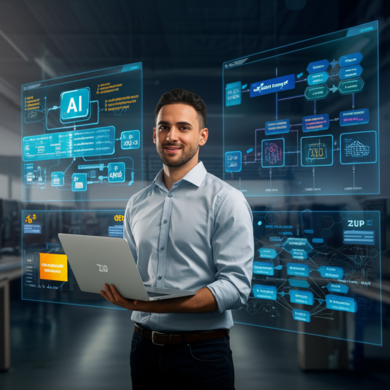 Alberto Luiz Oliveira Tavares de Souza em laboratório de tecnologia com hologramas de IA (LLM, RAG, agentes) e código.