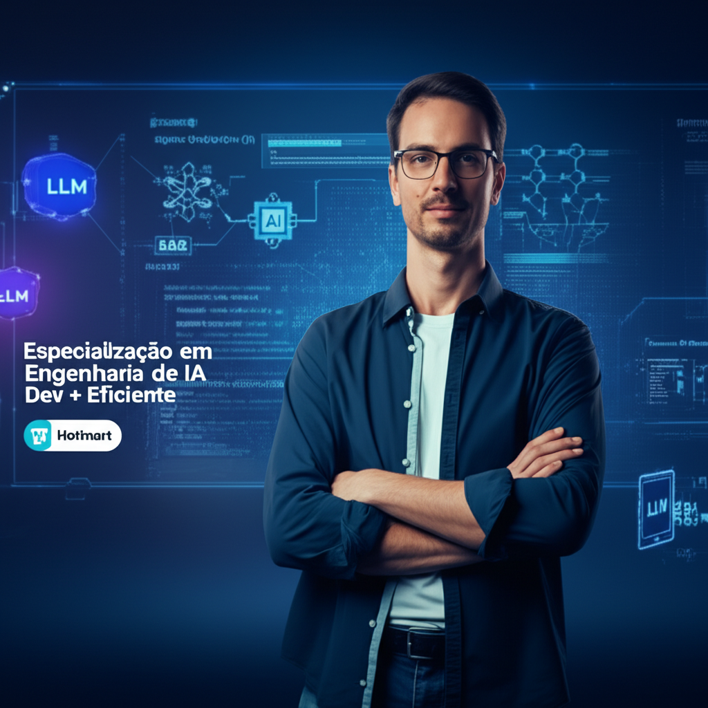 Instrutor de engenharia de software apresentando conceitos de IA generativa, com telas holográficas de código, diagramas de LLMs e pipelines RAG, em ambiente digital futurista.