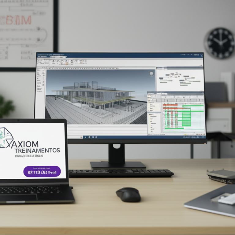 Estação de trabalho profissional exibindo Revit 2025, tabelas 4D/5D, Dynamo e Navisworks, com hardware recomendado para a formação da Axiom.