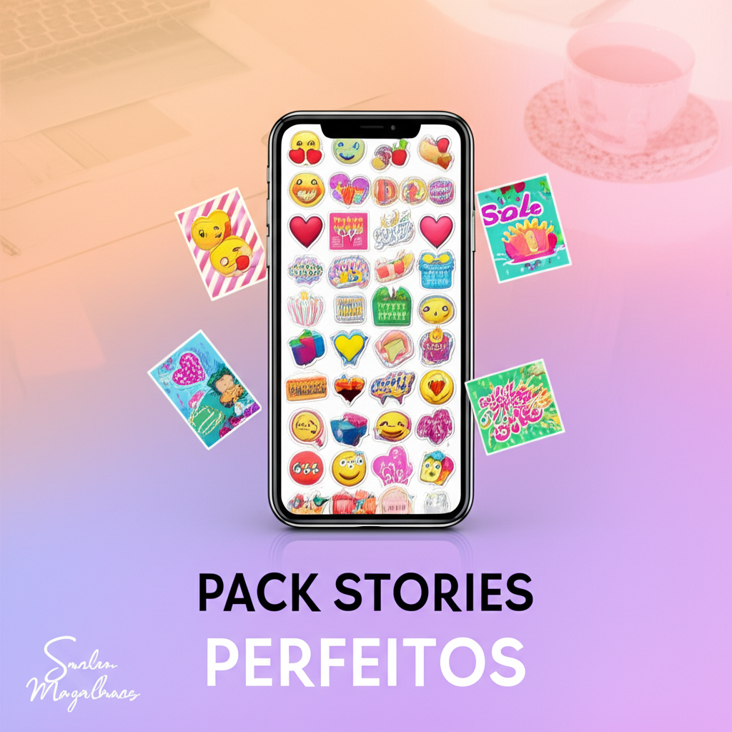Smartphone showing an Instagram story made with colorful stickers from the Pack Stories Perfeitos collection by Suelen Magalhaes.