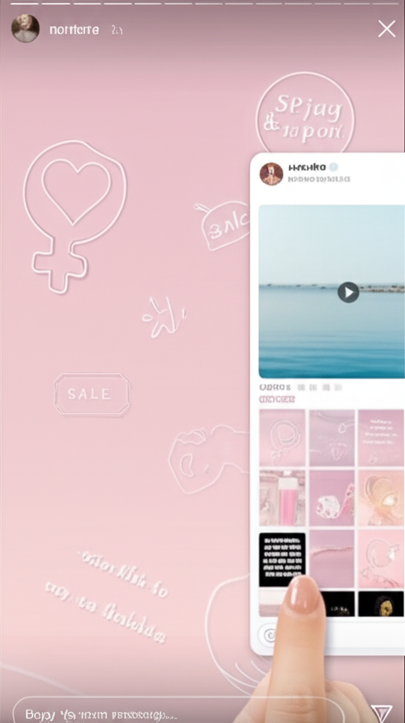 Screenshot of an Instagram Story designed with StoriesPerfeitos stickers, pastel shadows and a beach video background, showing a hand adding elements from a Telegram channel.