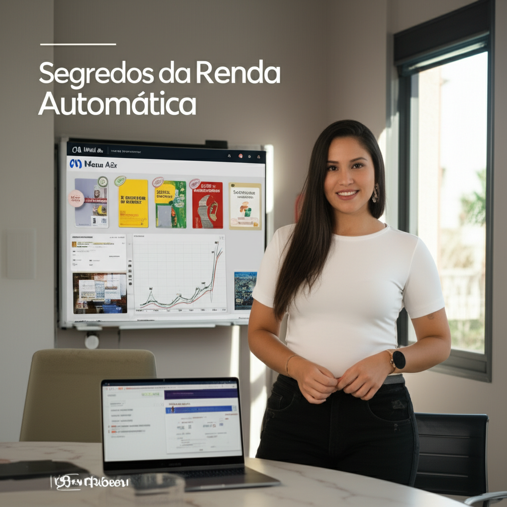 Nati Abreu presenting the online course 'Segredos da Renda Automática' in a home office, surrounded by AI tools and digital product visuals.
