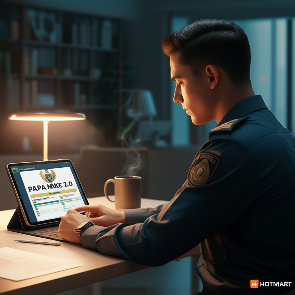 Policial da PMERJ estudando no tablet com o logo Operação Papa Mike 2.0 em ambiente de estudo moderno