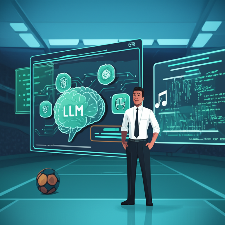 Ilustração de Alberto Luiz, engenheiro de IA, diante de um painel digital com ícones de LLM, RAG, agentes e workflows, misturando elementos de esporte e música.