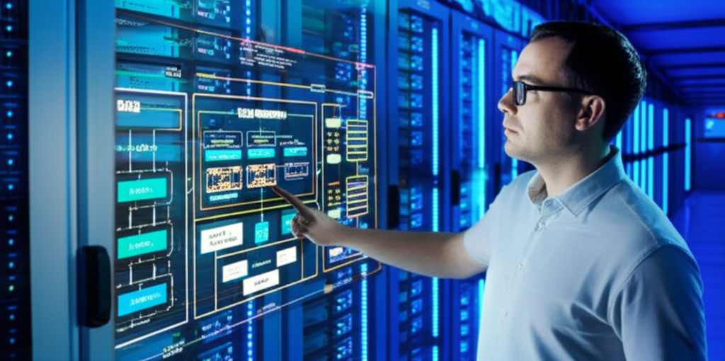 Engenheiro de IA brasileiro apresentando um pipeline RAG avançado em um data center com GPUs e Kubernetes.