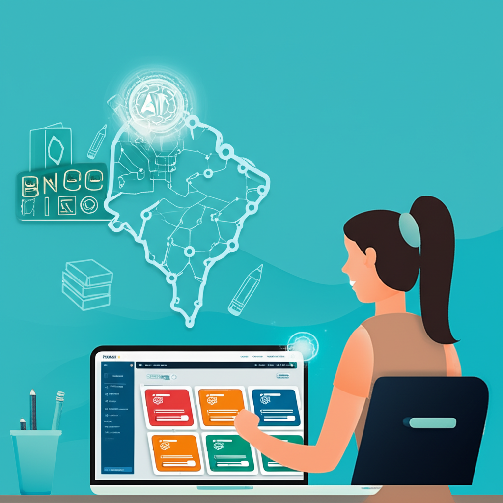 Professor brasileiro usando a plataforma Skooly em um laptop, com ícones de planos de aula, avaliações e IA ao fundo.