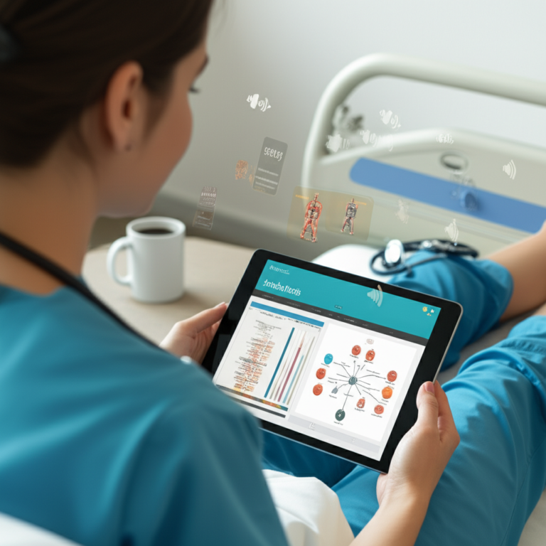 Estudante de medicina usando tablet com flashcards do Medcards (Combo Elite) mostrando algoritmo de repetição espaçada e recursos multimídia.