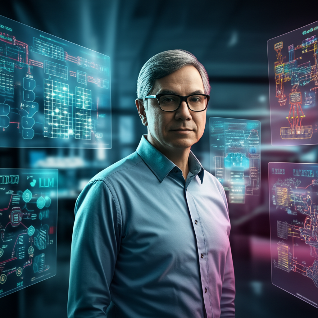 Alberto Luiz apresentando a Especialização Dev + Engenharia de IA, com visual de código, redes neurais e pipelines RAG ao fundo.