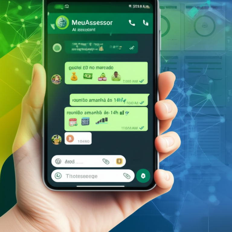 Tela de WhatsApp com o assistente financeiro MeuAssessor registrando gastos e compromissos via IA.