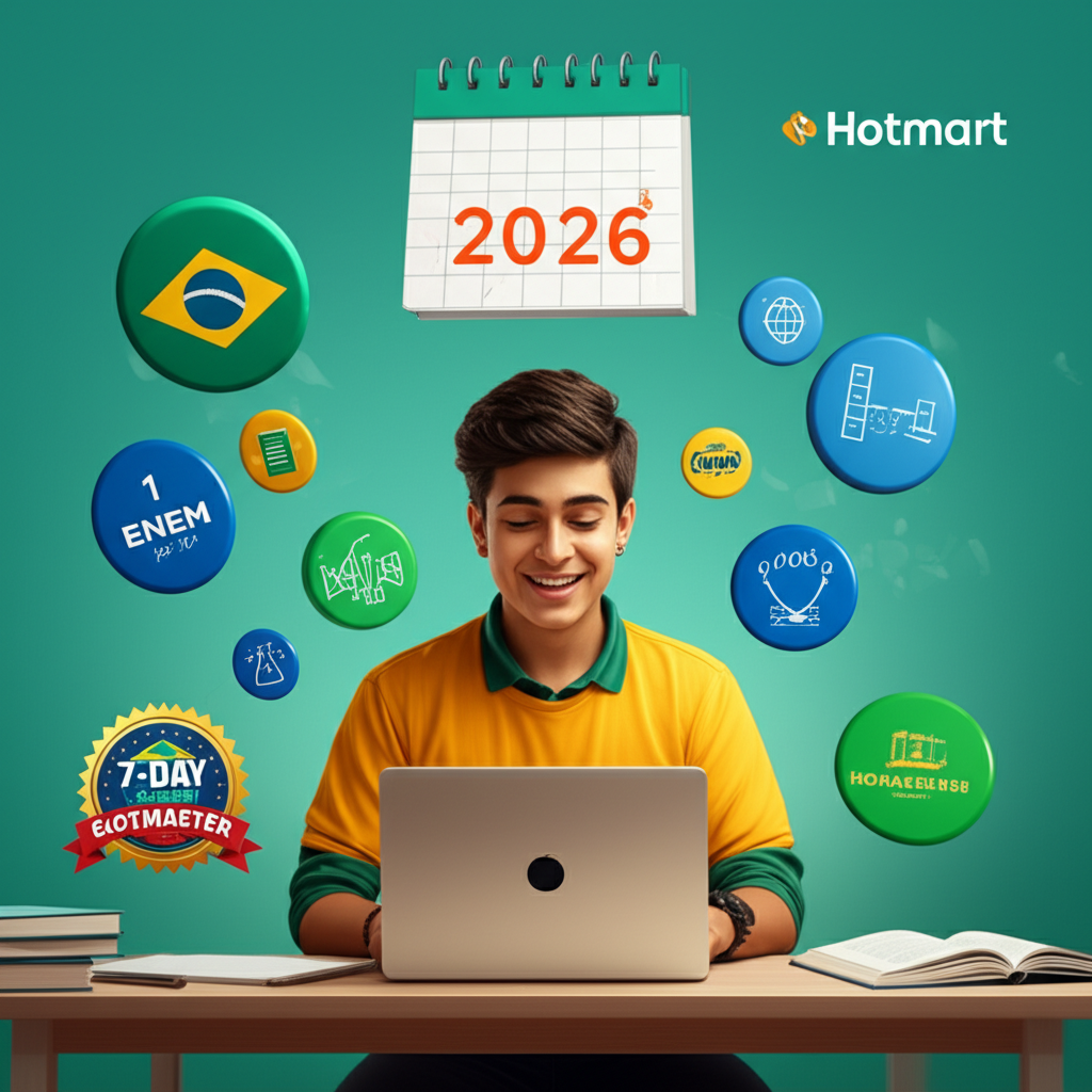 Ilustração de estudante brasileiro estudando para o ENEM 2026 com materiais do curso Extensiva 2026, destacando ícones de disciplinas, calendário 2026, selo Hotmart e garantia de 7 dias.