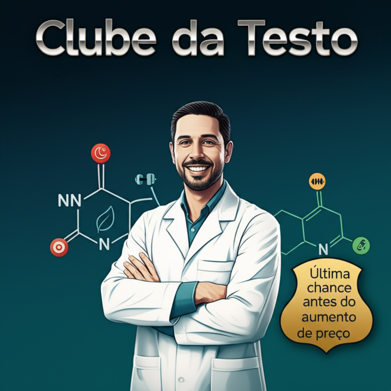 Ilustração de Dr. Alessandro Loiola ao lado de ícones de sono, nutrição, treino, manejo de estresse e vitaminas, representando o Clube da Testo.