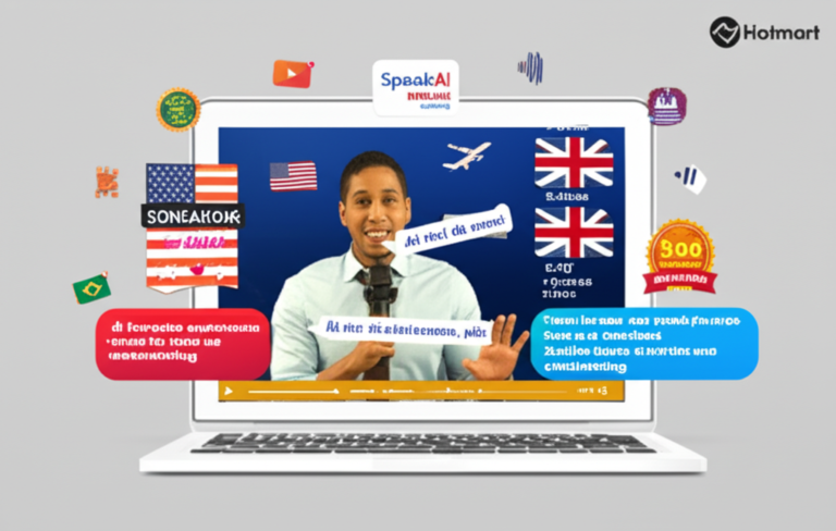 Ilustração digital do método SpeakAI mostrando aulas curtas, frases prontas e pronúncia aportuguesada, com bônus de e‑book e áudio, e selo de garantia de 7 dias.