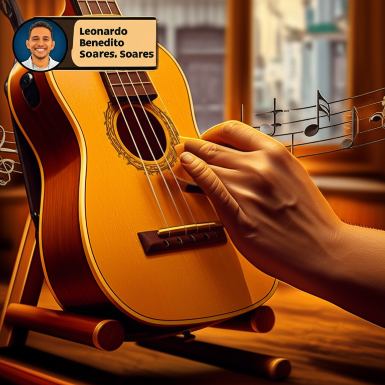 Cavaquinho with right hand striking strings, musical notation of samba rhythms, and portrait of Léo Soares in a warm, vibrant setting.