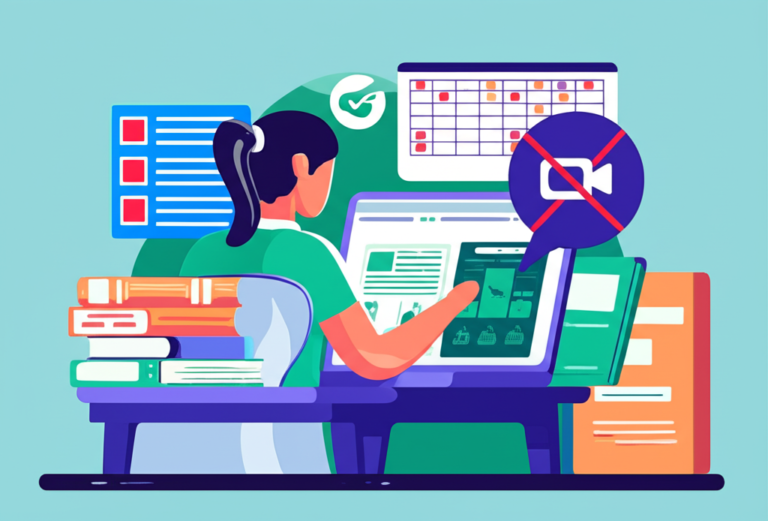 Estudante estudando para o ENEM sem aparecer em vídeo, com laptop, livros, calendário de estudos e ícone de câmera desligada.