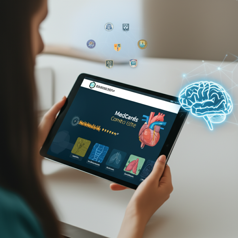 Estudante de medicina usando tablet com flashcards da Medcards Combo Elite, mostrando algoritmo de repetição espaçada e imagens médicas.