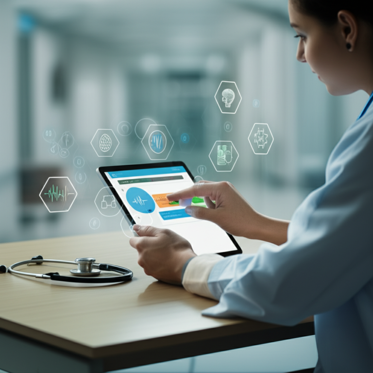 Estudante de medicina utilizando o aplicativo Medcards em um tablet, visualizando flashcards com algoritmo de repetição espaçada e recursos multimídia.