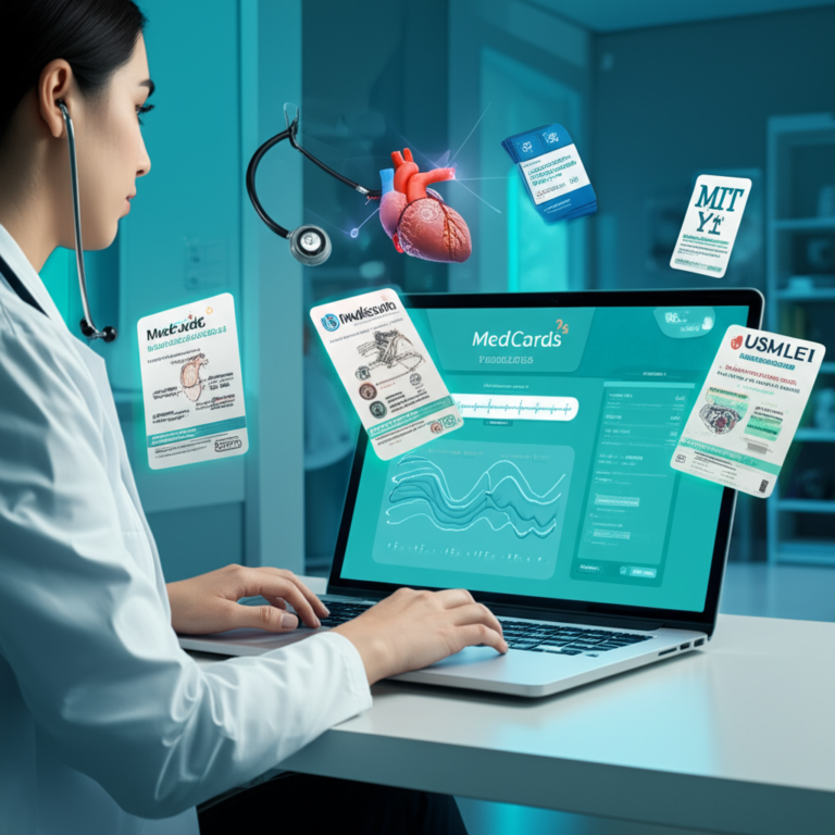 Medical student using the Medcards (Combo Elite) platform with flashcards, audio clips, and confidence‑based repetition dashboard on a laptop.