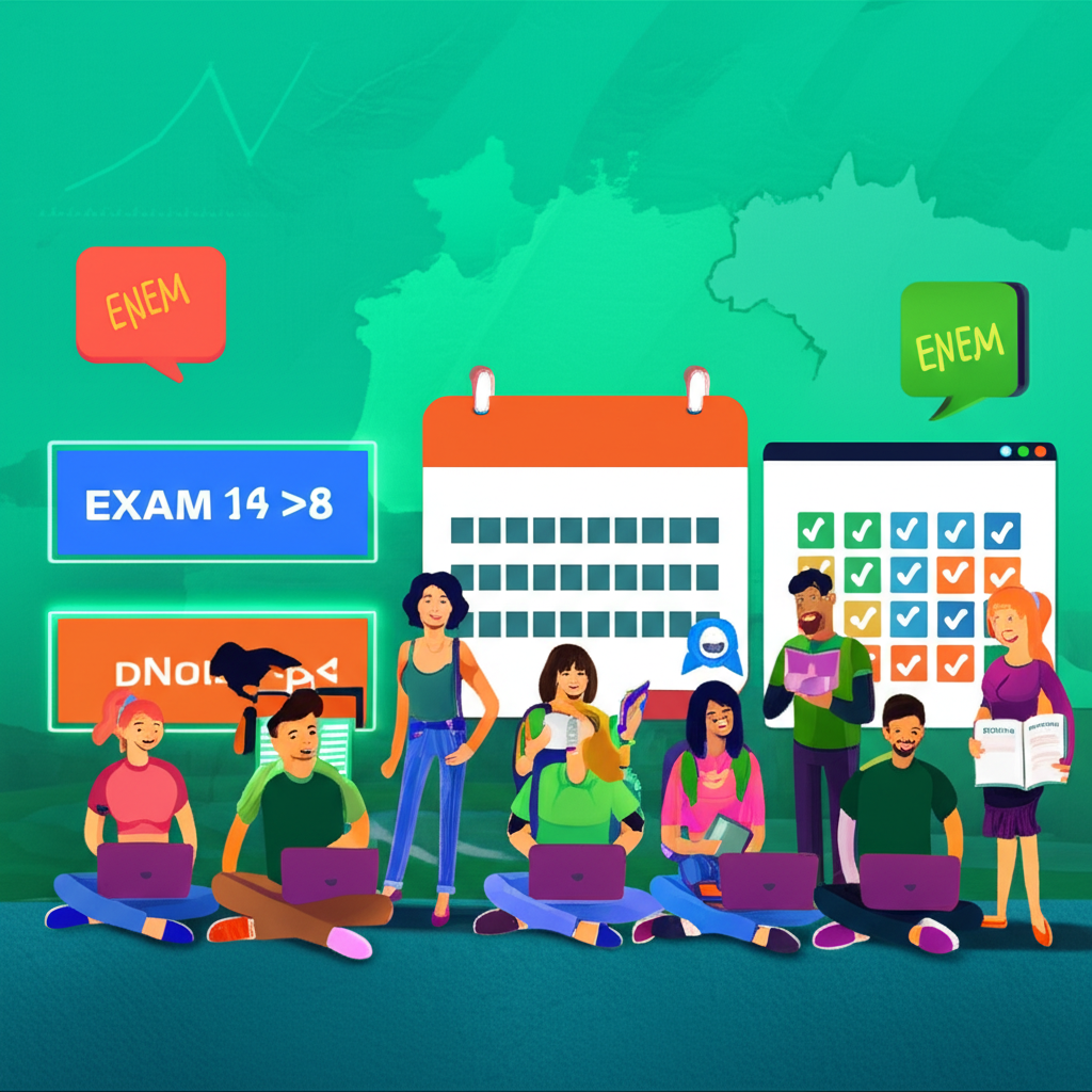 Ilustração de estudantes usando dispositivos digitais para estudar para o ENEM 2026, com ícones do exame e calendário ao fundo.