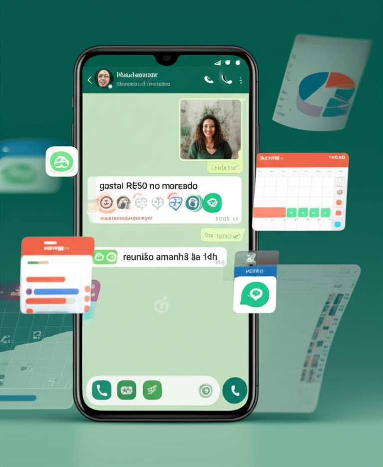 Tela de WhatsApp com o assistente MeuAssessor registrando despesas e compromissos, rodeada por gráficos financeiros e calendário.