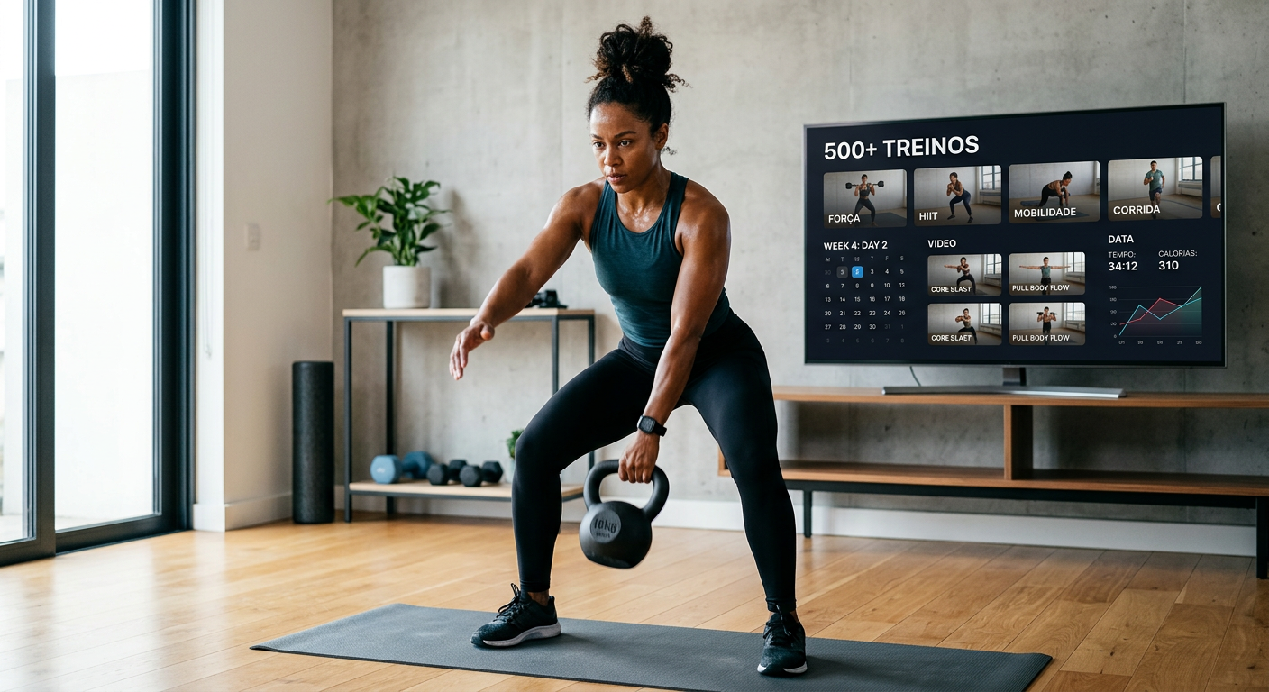 Pessoa realizando treino funcional com interface digital exibindo 500+ treinos e dados estruturados, representando o produto '500 Treinos Funcionais'.