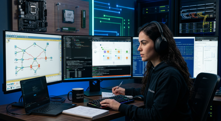 Cena de aprendizado em TI Total, com estudante em estação de trabalho cercado por elementos de redes, cloud, hardware e sistemas operacionais.