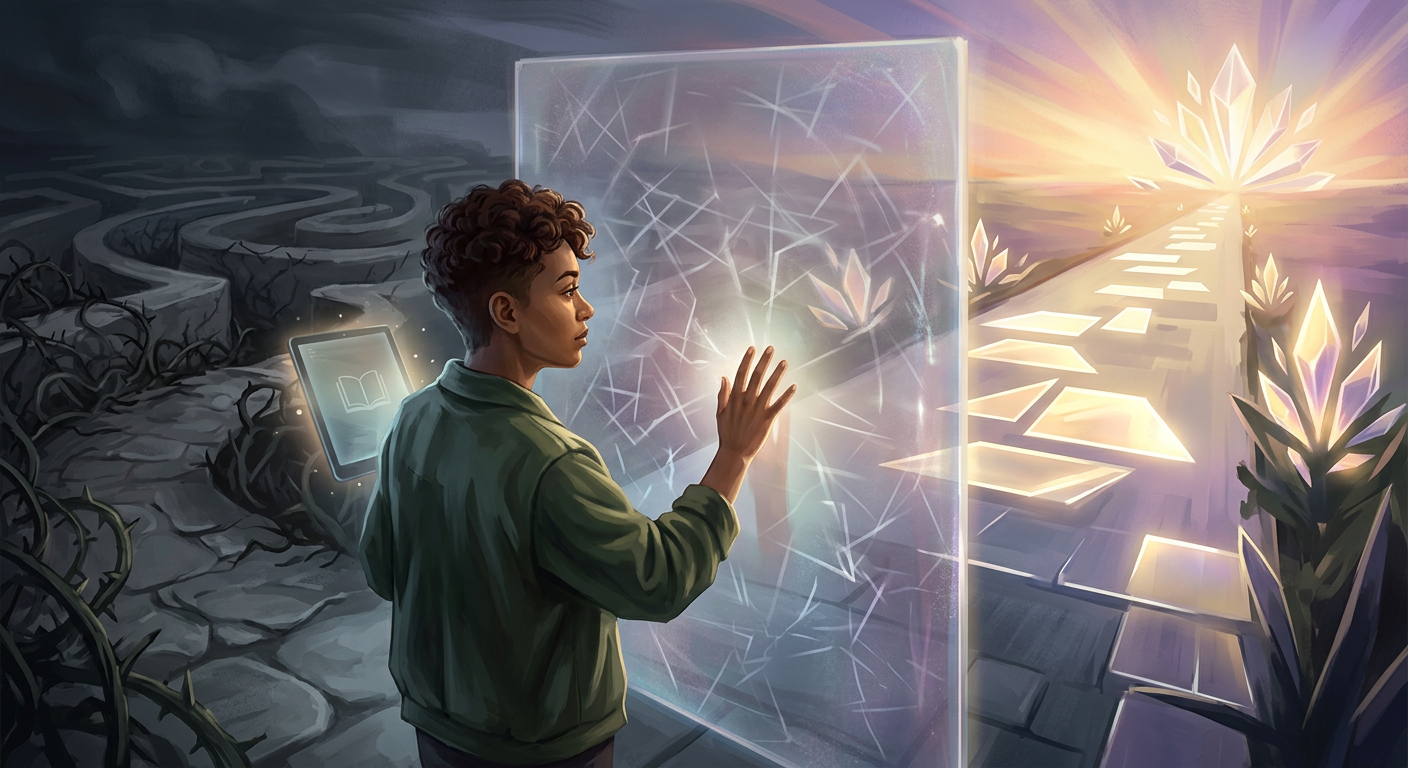 Pessoa em encruzilhada metafórica com barreiras translúcidas, representando bloqueios, e um caminho iluminado à frente, simbolizando superação e autoconhecimento através de um e-book.