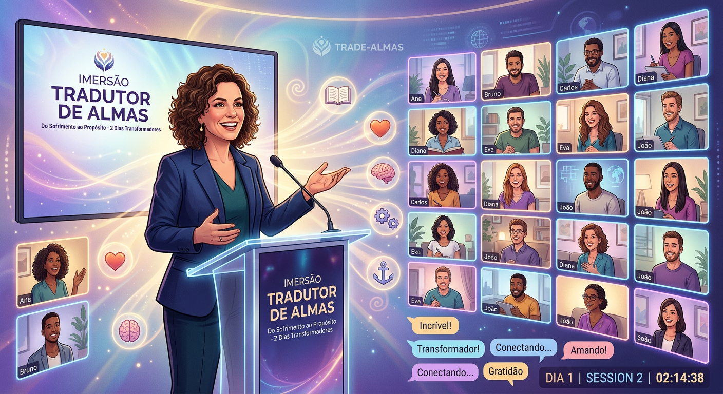 Dra. Andréa Vermont conduzindo a Imersão Tradutor de Almas, com participantes atentos em tela, simbolizando a transformação interior