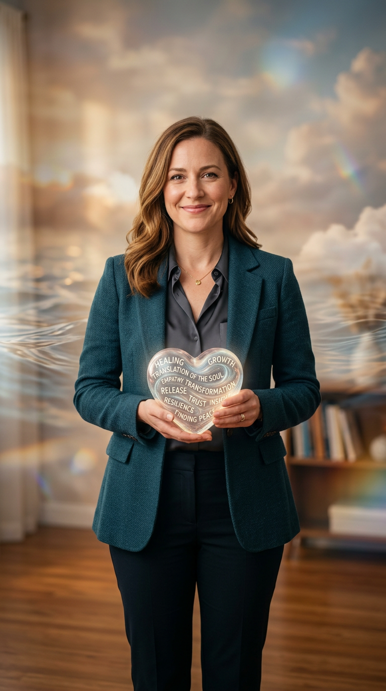 Dra. Andréa Vermont, psicóloga, segurando um copo de coração translúcido que simboliza a tradução da alma, em ambiente profissional e inspirador.