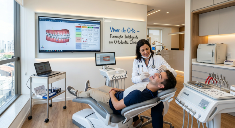 Dentista examinando paciente em clínica de ortodontia com modelo digital e quadro de diagnóstico