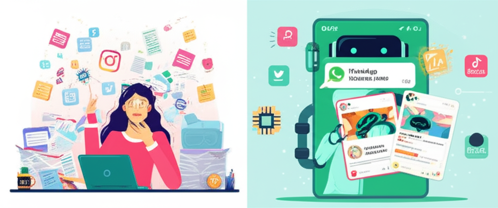 Comparação visual entre o caos de criar posts manualmente e a solução automatizada do ZapPost entregando conteúdos prontos via WhatsApp.